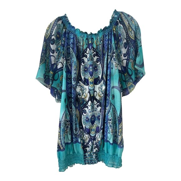 Dressbarn Women’s 2X Boho Peasant Top – Blue Paisley Smocked Flutter Sleeve Blou - Picture 7 of 7